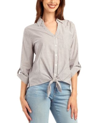BCX - Women's Striped Tie-Front Button-Up Shirt