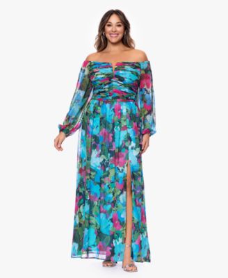 XSCAPE - Plus Size Off-The-Shoulder Long-Sleeve Printed Gown