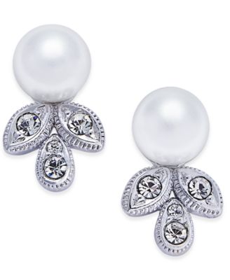 Eliot Danori - Silver-Tone Imitation Pearl and Crystal Stud Earrings