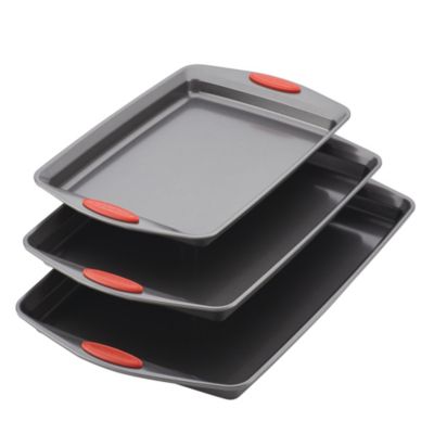 Rachael Ray - (r) Nonstick Bakeware Cookie Pan Set, 3-Piece, Gray with Red Silicone Grips