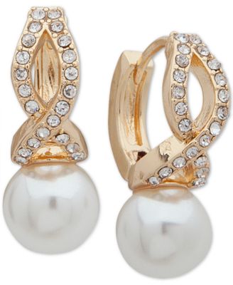 GOLD-TONE IMITATION PEARL AND CRYSTAL HUGGIE DROP EARRINGS image