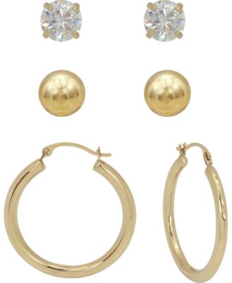Macy's - 3-Pc. Set Hoop, Ball Stud & Cubic Zirconia Stud Earrings