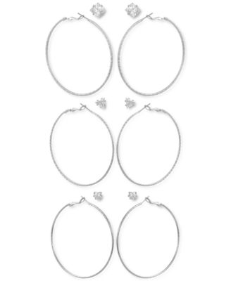GUESS - Silver-Tone 6-Pc. Set Mixed Crystal Stud & Textured Hoop Earrings