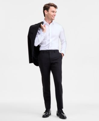 Men's Modern-Fit Stretch Black Solid Wool-Blend Suit Separate Pants image