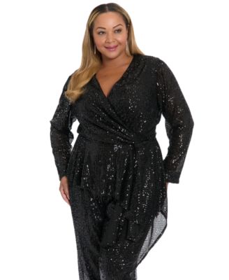 Muse - Plus Size Sequin Long Sleeve Twist Wrap Top