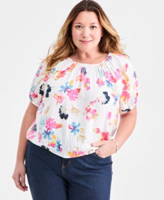 Style & Co - Plus Size Cotton Puff-Sleeve Bubble Top