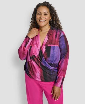 DKNY - Plus Size Wrap V-Neck Long Sleeve Top