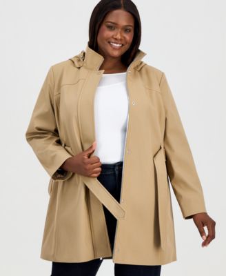 Calvin Klein - Plus Size Belted Hooded Zip-Front Raincoat