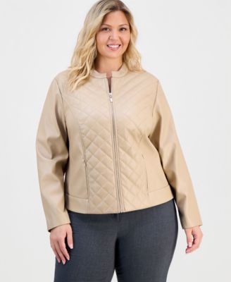 Anne Klein Essentials - Plus Size Faux-Leather Quilt-Front Zip-Front Jacket