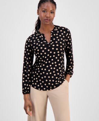 Anne Klein Essentials - Petite Split-Neck Elastic-Cuff Top