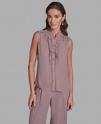 BCBG - Women's Sleeveless Button Front Ruffle Blouse