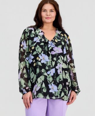 Kasper - Plus Size Ruffled V-Neck Chiffon Blouse