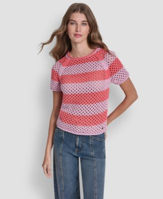 DKNY Jeans - Women's Stripe Pointelle Cropped Pull-On Sweater