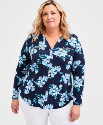 JM Collection - Plus Size Printed Split-Neck Long-Sleeve Top
