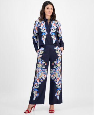 T Tahari - Women's Floral Placement-Print Pull-On Pants