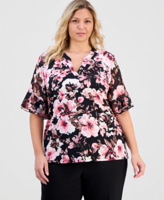 Anne Klein Essentials - Plus Size Split-Neck Printed Flutter-Sleeve Top