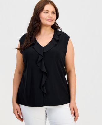 Kasper - Plus Size Mixed-Media Ruffle Top