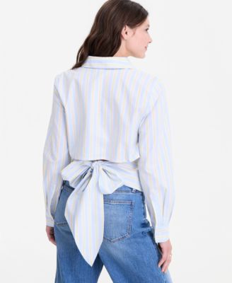 On 34th - Women's Woven Striped Tie-Back Shirt