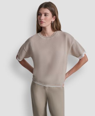 DKNY - Women's Short-Sleeve Boxy 2-Layer Mesh Sweater