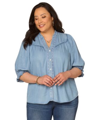 Democracy - Plus Size Below Elbow Cinched Band-Sleeve Button-Down Top