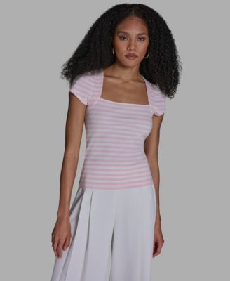 BCBG - Women's Short-Sleeve Square Neck Striped Top