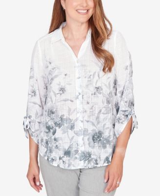 Alfred Dunner - Petite Watercolor Print Button Front Collared Top