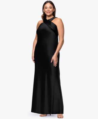 XSCAPE - Plus Size Satin Tie Neck Ball Gown