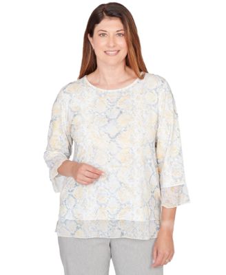 Alfred Dunner - Petite Python Printed Knit Flutter-Sleeve Crewneck Top