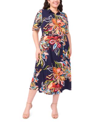 MSK - Plus Size Printed Collared Neck Short-Sleeve Midi Dress