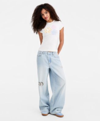 Vanilla Star - Juniors' Lace-Trim Destructed Elastic-Back Jeans