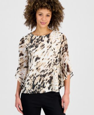 Kasper - Women's Printed Flared-Cuff Blouse