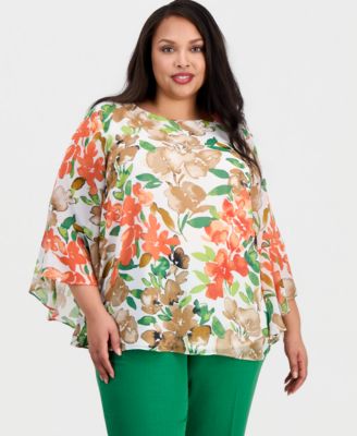 Kasper - Plus Size Printed Ruffle-Sleeve Blouse