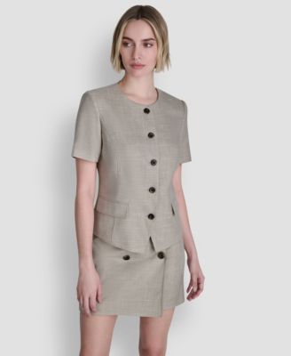 DKNY - Women's Windowpane Short-Sleeve Crewneck Structured Top