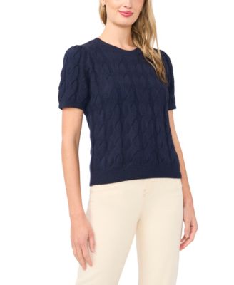 CeCe - Women's Cable Puff-Sleeve Crewneck Sweater