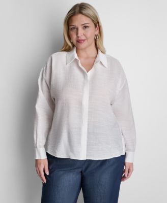 DKNY - Plus Size Long-Sleeve Collared Organza Blouse
