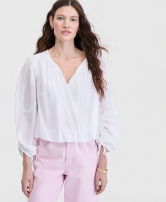 On 34th - Women's Cotton Solid Tie-Front Volume-Sleeve Blouse