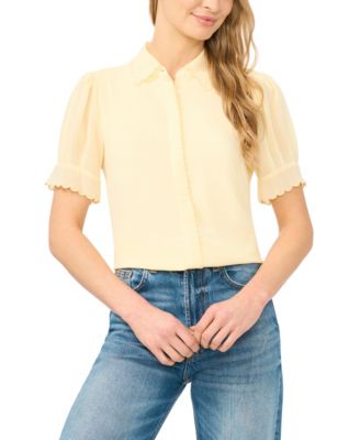 CeCe - Women's Scalloped Puff-Sleeve Button-Front Blouse