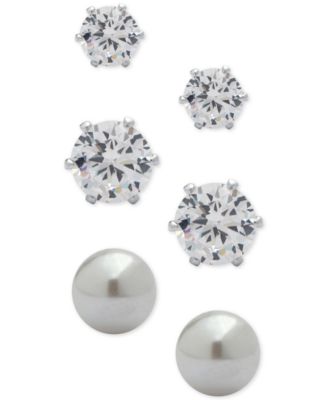 Anne Klein - 3-Pc. Set Crystal and Imitation Pearl Stud Earrings