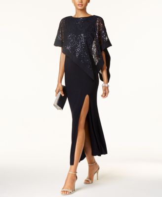 R & M Richards - Sequined Lace Cold-Shoulder Cape Gown