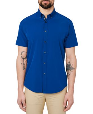Society of Threads - Men's Slim-Fit Blue Button-Down Performance Shirt