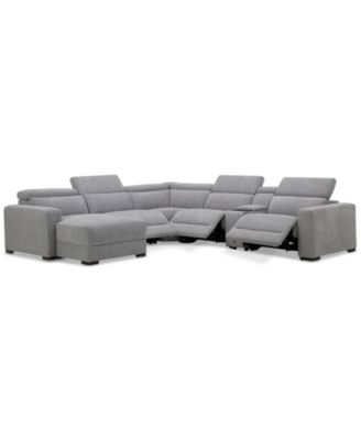 Nevio 6-Pc. Fabric Power Headrest Sectional with Chaise & Console and 3 Power Motion Chairs image