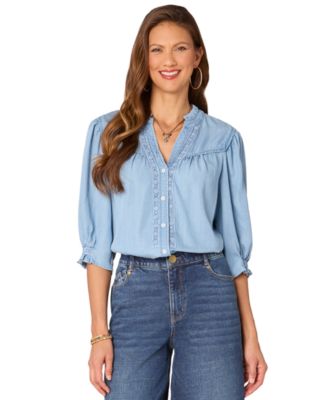 Democracy - Petite Crochet-Trim Chambray Button-Front Shirt