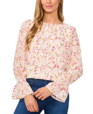 CeCe - Women's Printed Long-Sleeve Smocked-Cuff Blouse