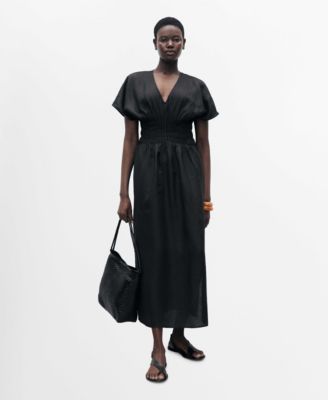 MANGO - Women's Gathered Panel Long Linen Dress
