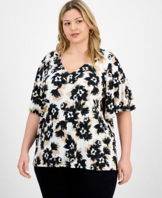 JM Collection - Plus Size Floral Flared-Sleeve V-Neck Top