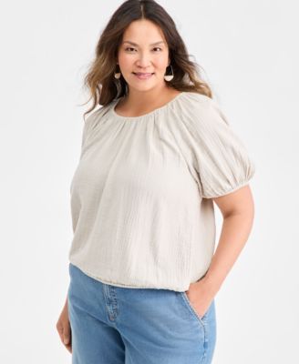 Style & Co - Plus Size Cotton Puff-Sleeve Bubble Top