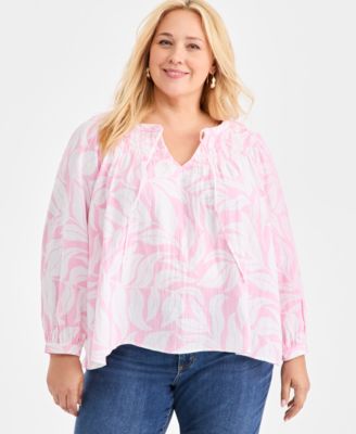 Style & Co - Plus Size Cotton Smocked Tie-Neck Top