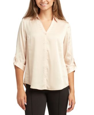 BCX - Women's Stretch Satin Button-Up 3/4-Sleeve Top