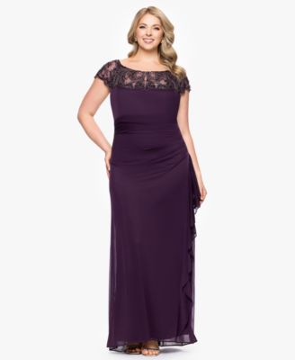 XSCAPE - Plus-Size Beaded Boat Neck Mesh Gown