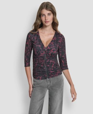 DKNY - Women's 3/4-Sleeve Zip Front Top